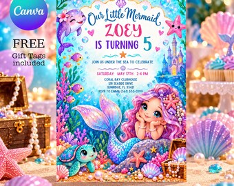 Mermaid Birthday Invitation, Under the Sea Party, 5th Birthday (Digital Download) Mermaid803