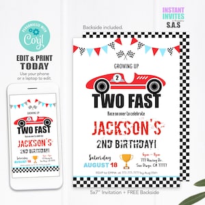 Two Fast 2nd Birthday Invitation: Racing Car Party (Digital Download)