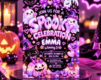 Editable Spooky Halloween Birthday Invitation, Pink Purple Ghost Party (Digital Download) Halloween801