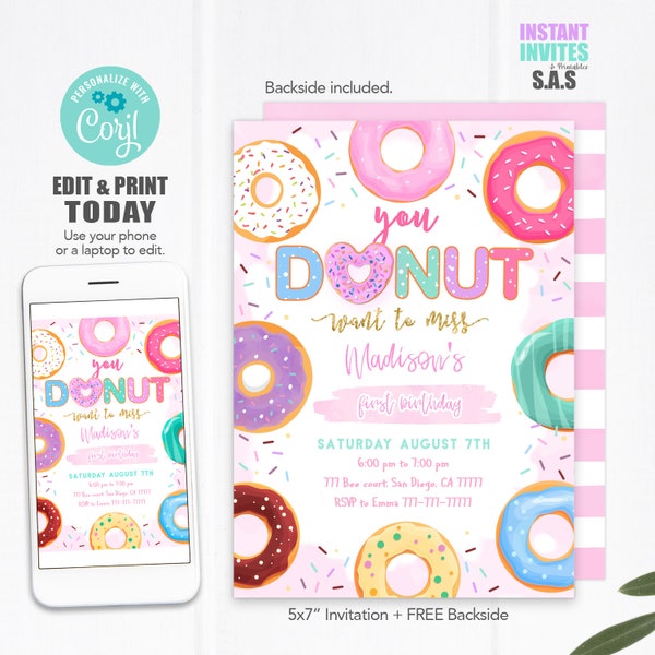 Donut uitnodiging, donut nodigt uit, Instant Download donut nodigt, Donut720