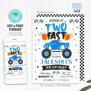 Monster Truck 2nd Birthday Invitation: Blue Flames (Instant Download)