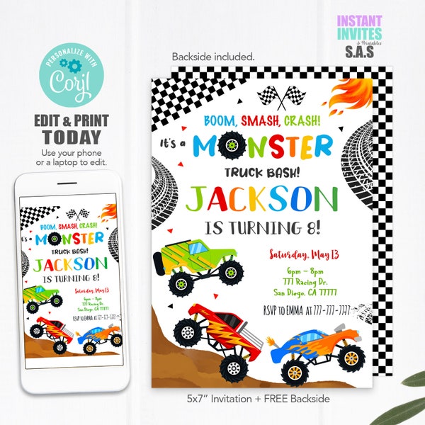 Monster Truck Invitation, Monster Truck Birthday Invites, Instant Download Monster Truck Invitations, MonsterTruck711