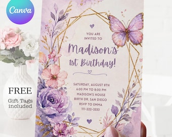 Floral Butterfly Birthday Invitation: Watercolor Girls Party Invite (Digital Download)