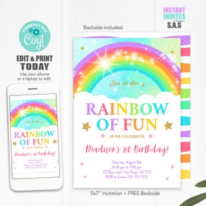 Rainbow Birthday Invitation: Editable Template, Instant Download (5x7&quot; PDF or JPEG)