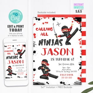 Ninja Invitation, Ninja Birthday Invites, Instant Download Ninja Party Invitations, Ninja708