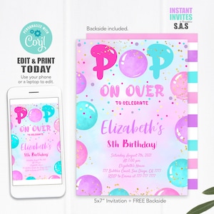 Bubbles Invitation, Bubble Invite, Instant Download Pop On over Invites, Pop702 image 1