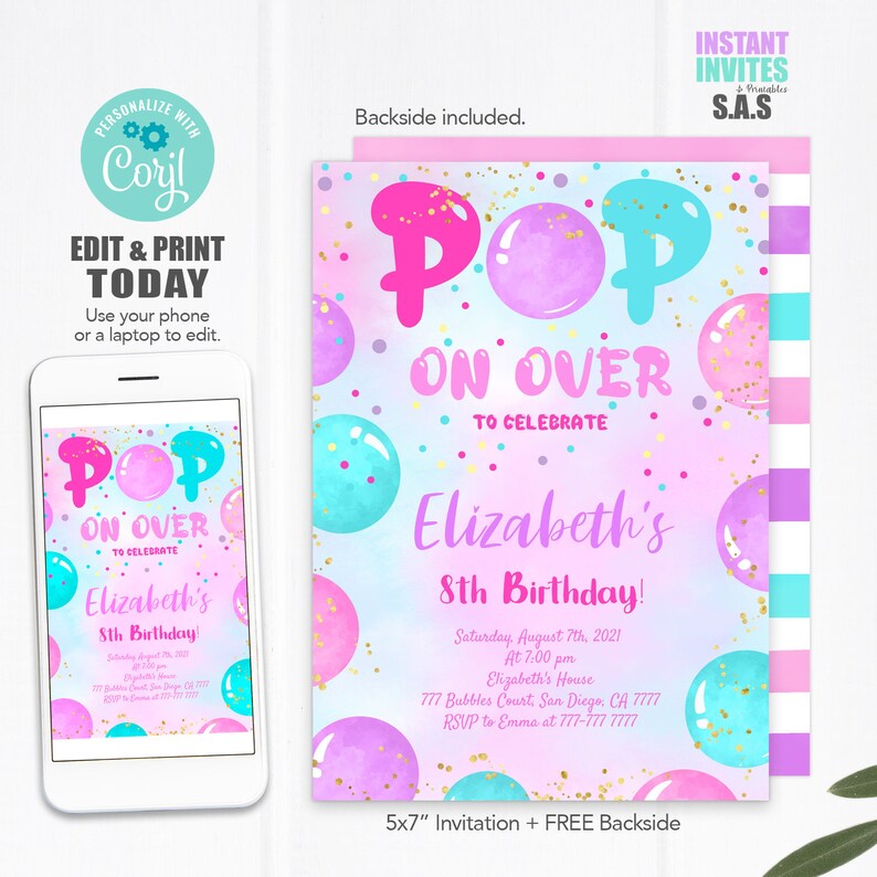 Bubbles Invitation, Bubble Invite, Instant Download Pop On over Invites, Pop702 image 1