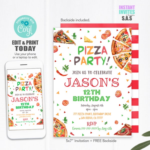 Pizza Invitation, Pizza Invites, Instant Download Pizza Party Invitations, Pizza701