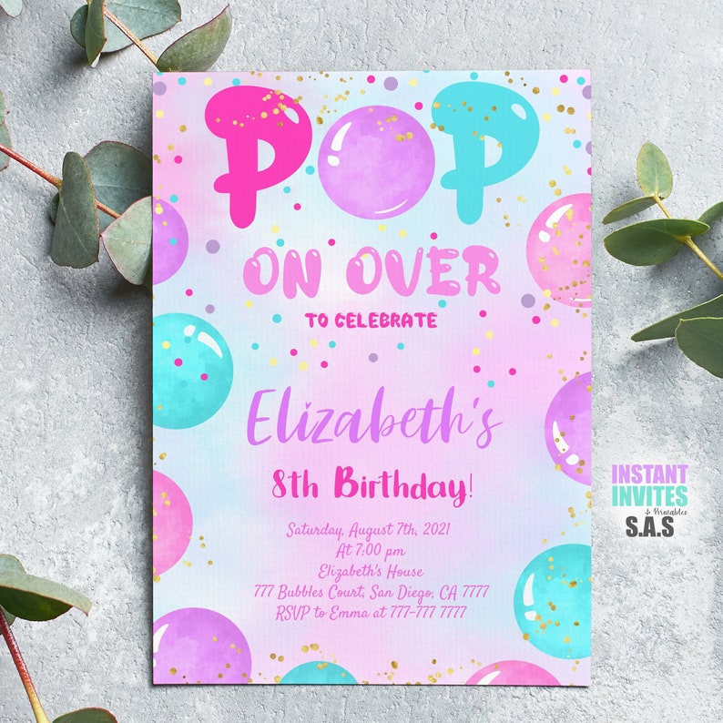 Bubbles Invitation, Bubble Invite, Instant Download Pop On over Invites, Pop702 image 2