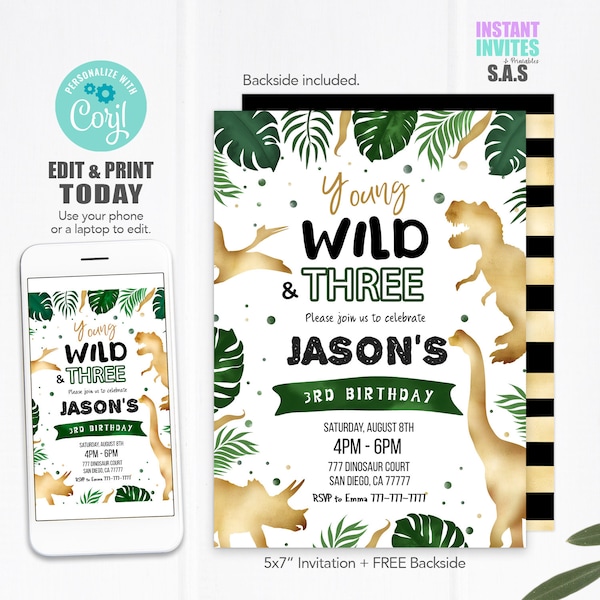 Dinosaur Invitation, Young Wild and Three Invites, Instant Download Dinosaur Invitations, Dinosaur706