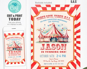 Circus Birthday Invitation: Editable Template (Instant Download)