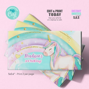 Unicorn Birthday Chocolate Wrapper: Editable Label (Digital Download)