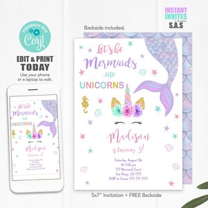 Unicorn Mermaid Birthday Invitation: Editable Template (Instant Download)