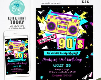 90s Invitation, 90s Invites, Instant Download 90s Invitations, 90s704