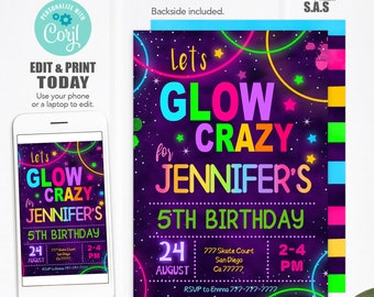 Let&#39;s Glow Crazy Birthday Invitation: Neon Party Invites (Instant Download)