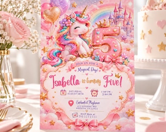 Editable Unicorn 5th Birthday Invitation, Magical Princess Party Invite (Digital Download) Unicorn810
