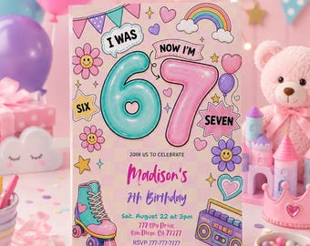 Pink Six Seven Birthday Invitation: 7th Birthday Invite (Digital Download) 7th803