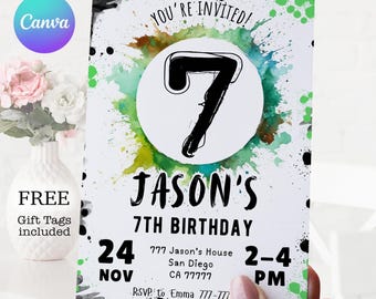 Boy 7th Birthday Invitation: Watercolor Splash (Instant Download)
