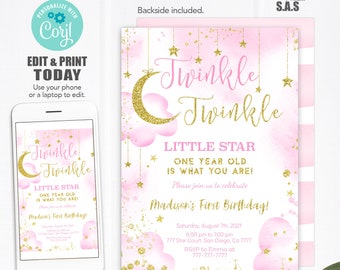 Twinkle Twinkle Einladungen, Little Star Invites, Sofort Download Little Star Invites, LittleStar702