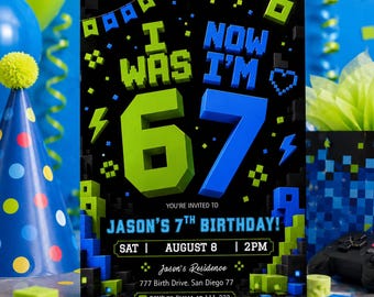 Six Seven Birthday Invite:  Green and Blue 7th Birthday Invitation (Digital Download) 7th806