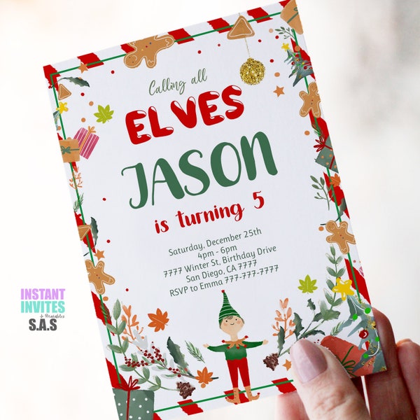 Elf Invitation, Elf Birthday Invites, Instant Download Christmas Birthday Invitations, Elf702