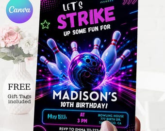 Girls Bowling Birthday Invitation Template: Editable Bowling Party Invite (Digital Download)