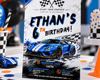 Editable Race Car Birthday Invitation, Boys Party Invite (Canva Template) RaceCar806