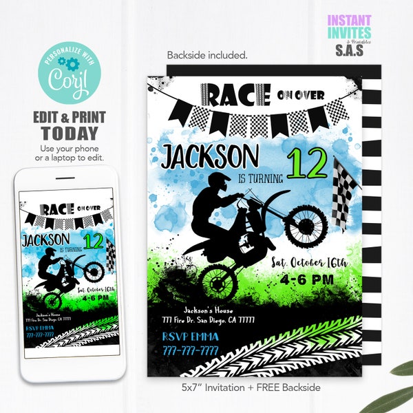 Bike Party Invitation, Dirt Bike Invites, Instant Download Dirt Bike Invitations, Bike709