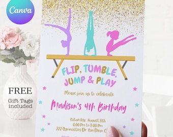 Glitter Gymnastics Birthday Invitation: Editable Party Invite (Digital Download)