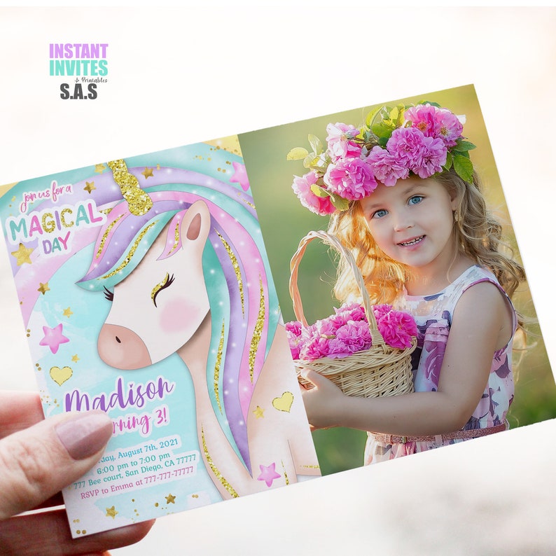 Editable Unicorn Invitation Unicorn Picture Invites Instant Etsy