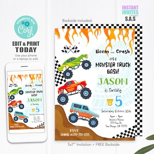 Monster Truck Geburtstagseinladung: Bearbeitbare Vorlage (Instant Download)