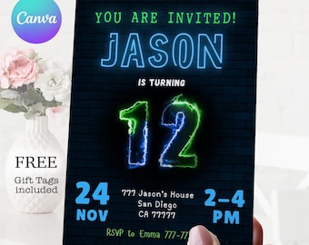 Boy 12th Birthday Invitation: Neon Number, Instant Download