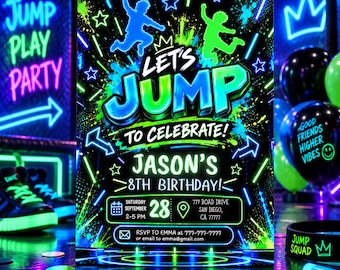 Neon Trampoline Party Invitation, Editable Digital Invite (Digital Download) Jump802