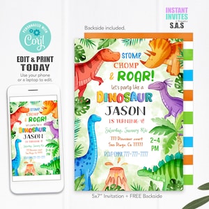 Colorful Dinosaur Birthday Invitation: Stomp, Chomp, Roar! (Digital Download)