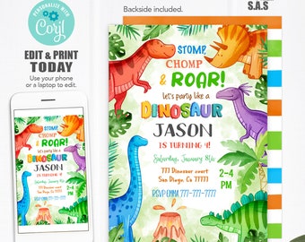 Colorful Dinosaur Invitation, Dinosaur Invites, Instant Download Dinosaur Invitations, Dinosaur760