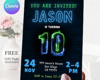 Boy 10th Birthday Invitation: Neon Number, Instant Download