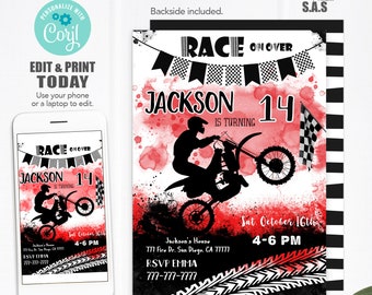 Invitación a fiesta en bicicleta, invitaciones a Dirt Bike, descarga instantánea de invitaciones a Dirt Bike, Bike711