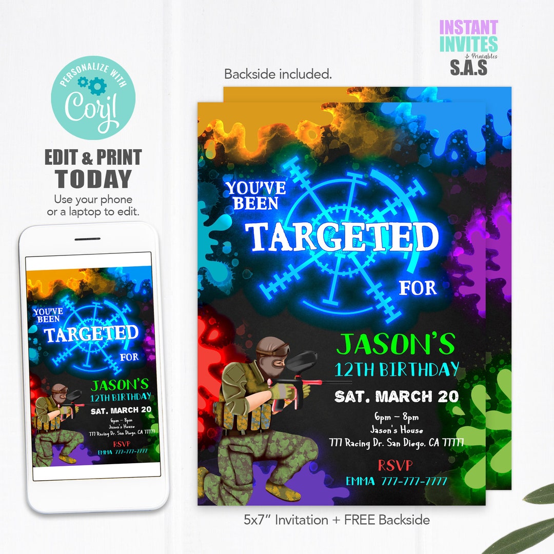 Paintball Invitation, Paintball Invites, Instant Download Paintball