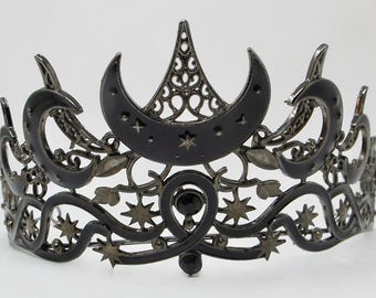 Vintage Black Enamel Crescent Moon & Stars Gothic Tiara