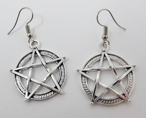 Silvertone Pentacle Dangle Earrings - image 1