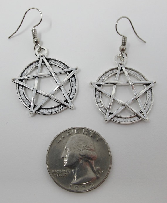 Silvertone Pentacle Dangle Earrings - image 3