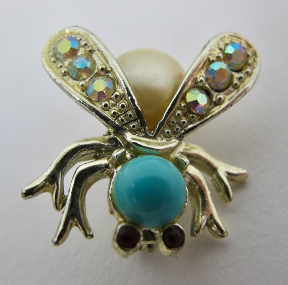 1960s Aurora Borealis Rhinestone Fly Insect Bug B… - image 2