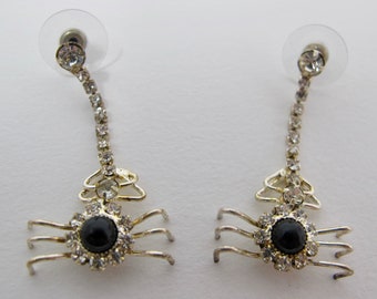 Black & White Rhinestone Dangling Spider Earrings