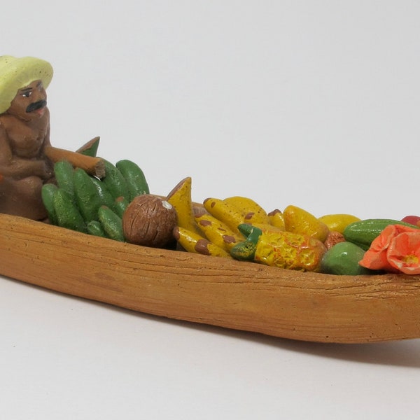 Ceramic Market Boat With Vendor Figurine, Fruits, Fish Handmade in Colombia