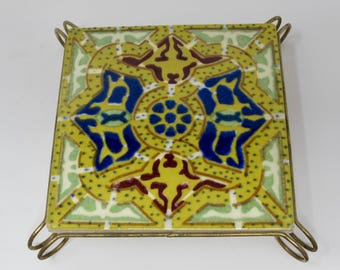 Monterrey Mexico Blue & Yellow Talavera Ceramic Tile Trivet With Wire Stand