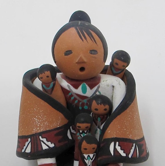 Zuni Native American Storyteller Ceramic Figurine of Woman With 6