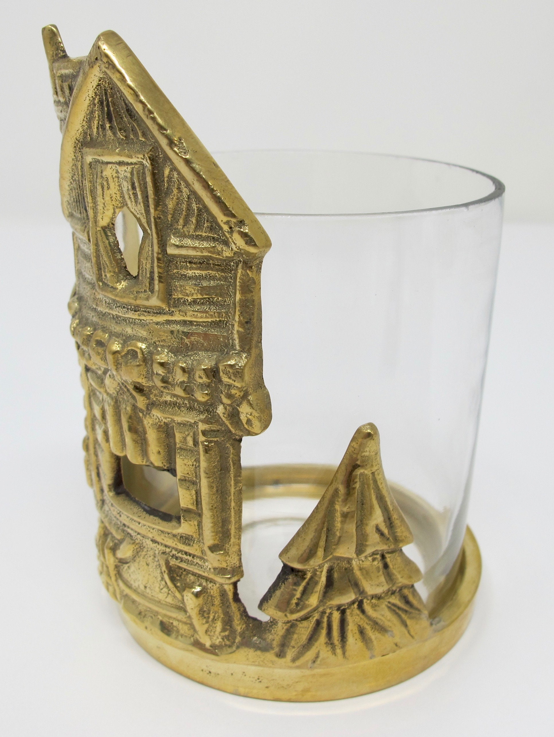 Brass Christmas House Votive Candle Holder With Glass Insert Etsy