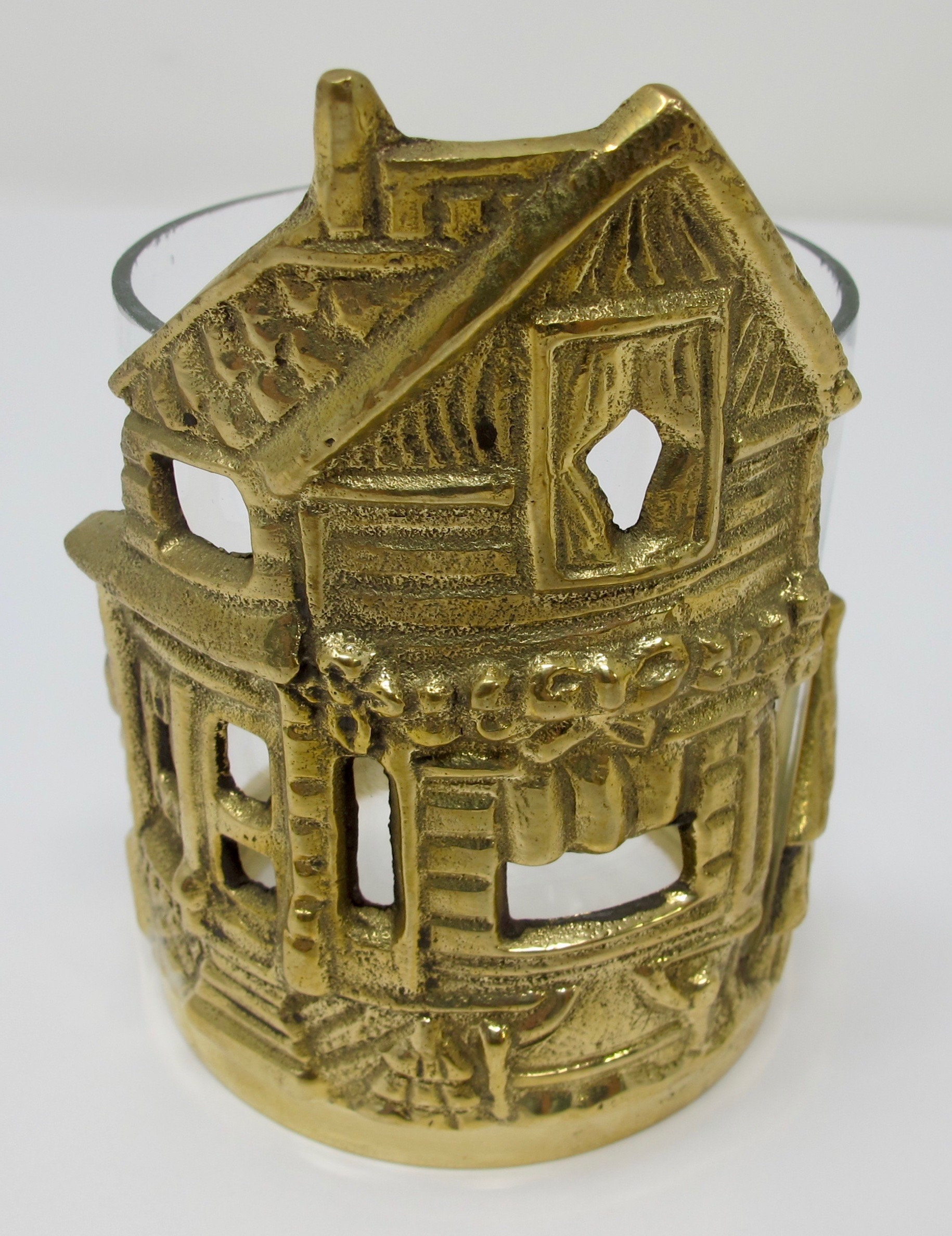 Brass Christmas House Votive Candle Holder With Glass Insert Etsy