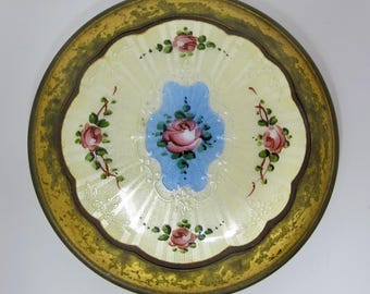 Early 20th Century Guilloche Enamel Mirror Compact With Hand-Painted Roses