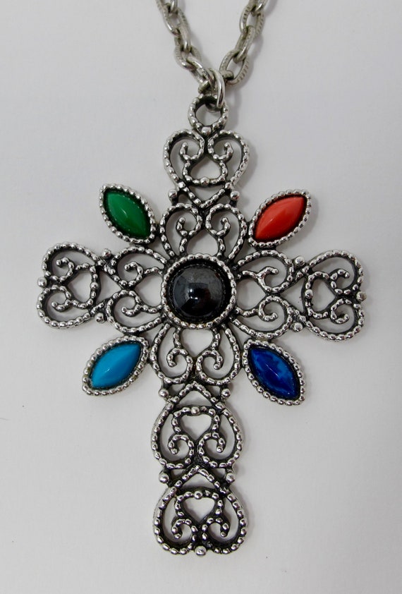 1976 Avon Filigree Cross Necklace With Glass Jewel